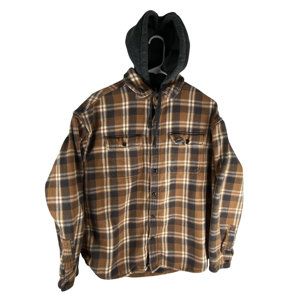 American Eagle Outfitters Jacket Mens Medium Brown Plaid Flannel Shirt Hooded